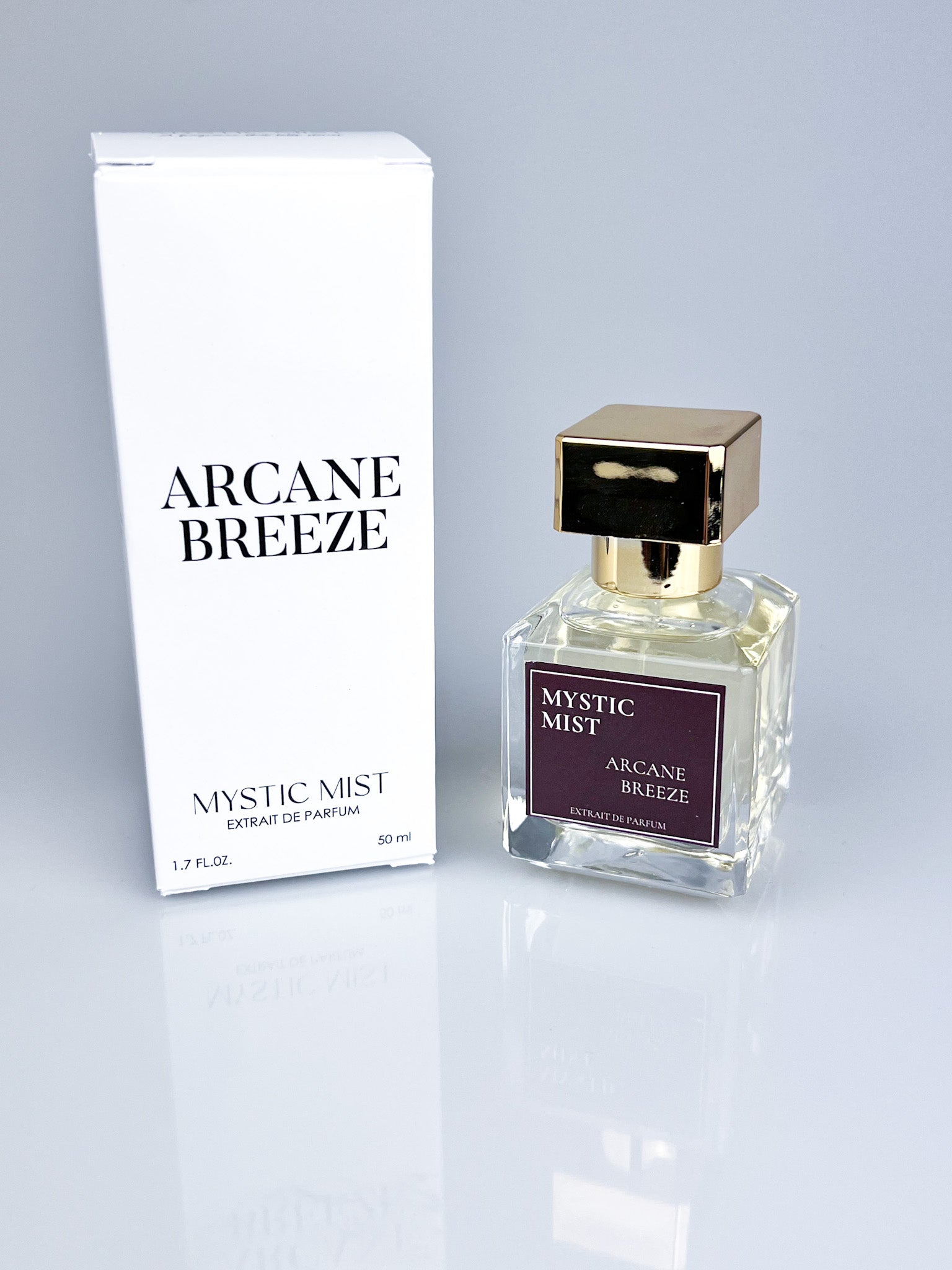 Arcane Breeze fragrance bottle and elegant packaging box displayed on a clean white background, showcasing its luxurious and refined design.