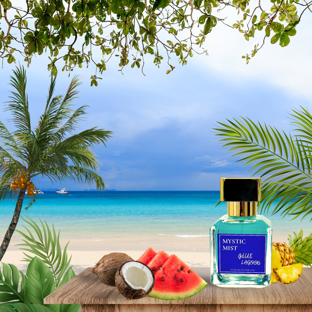 Blue Lagoon perfume – A tropical, beach-inspired fragrance evoking the calming waves, fresh sea breeze, and sun-kissed shores. Perfect for a refreshing, oceanic escape with notes of crisp citrus, soft florals, and salty sea air.